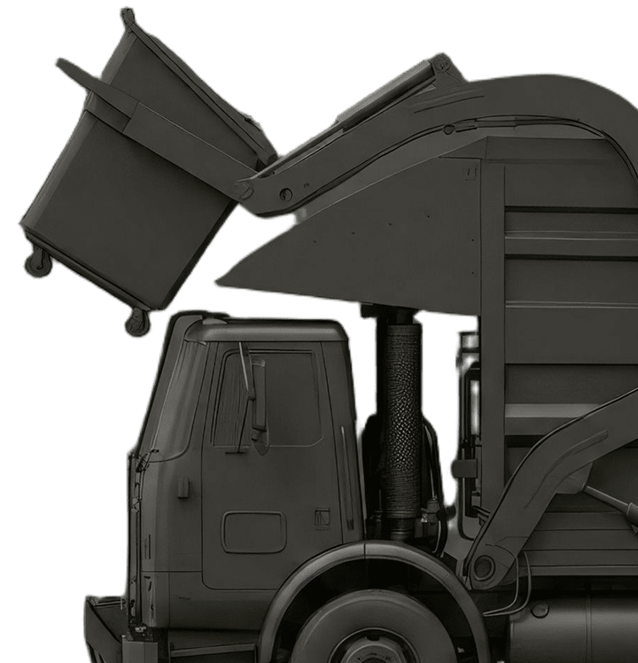 Dark gray garbage truck with mechanical arm lifting and emptying a large waste bin into the truck's hopper.