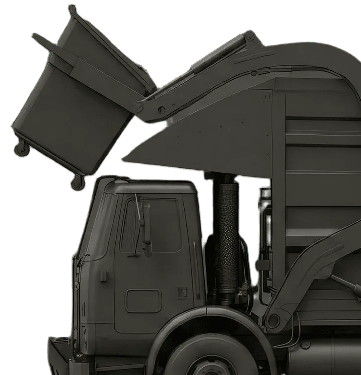 Dark gray garbage truck with mechanical arm lifting and emptying a large waste bin into the truck's hopper.