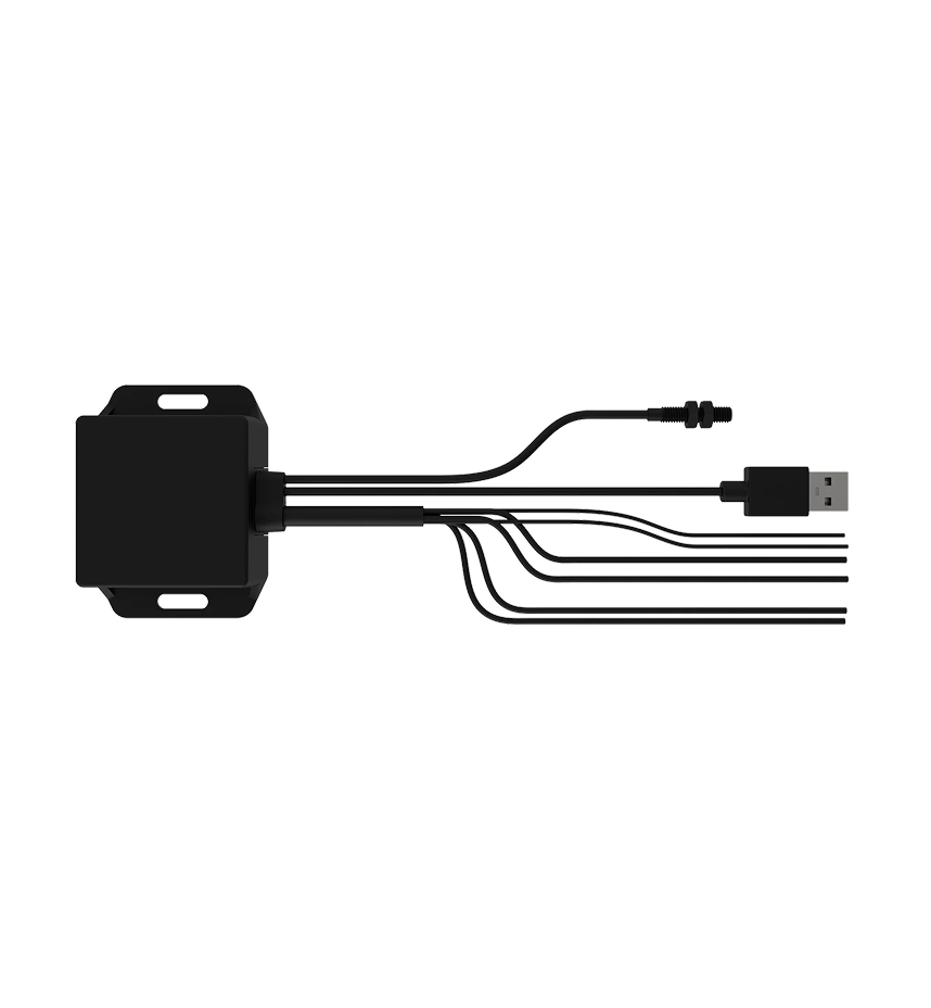 Black electronic module with multiple cables, a USB connector, and a threaded connector on a white background.