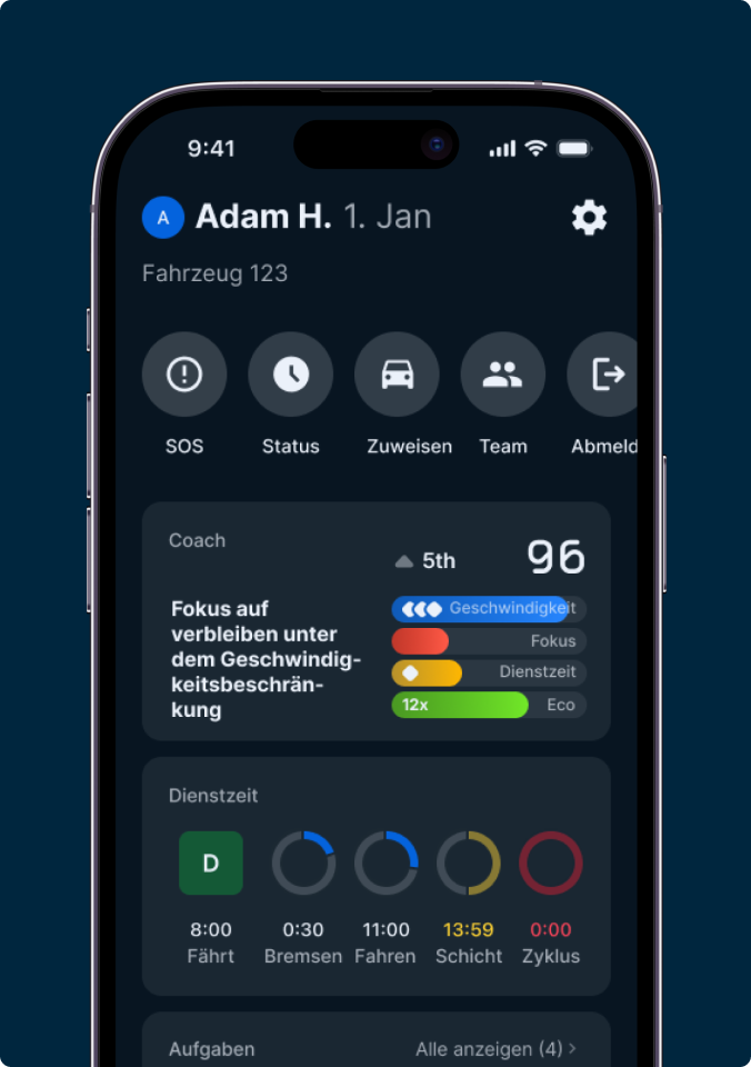 Smartphone zeigt Fahrzeugverwaltungs-App mit Geschwindigkeitsüberwachung, Fahrstatus und Zeitplan-Timern für Fahrzeug 105.