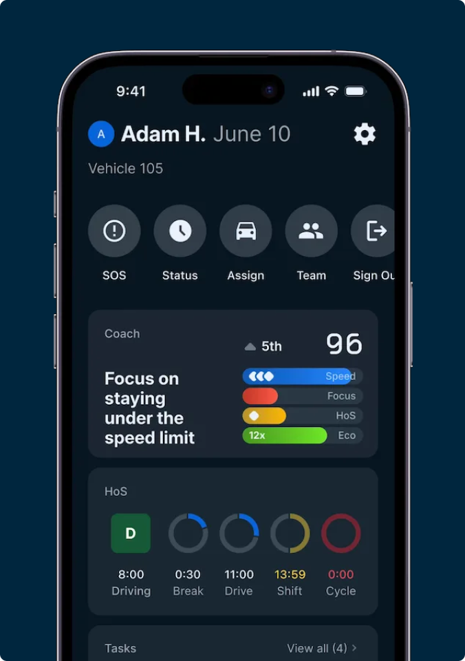 Smartphone screen showing vehicle management app with speed monitoring, driving status, and schedule timers for Vehicle 105.