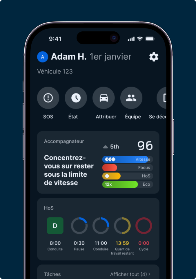 Écran de téléphone intelligent avec une application de gestion de véhicule avec surveillance de la vitesse, état de conduite