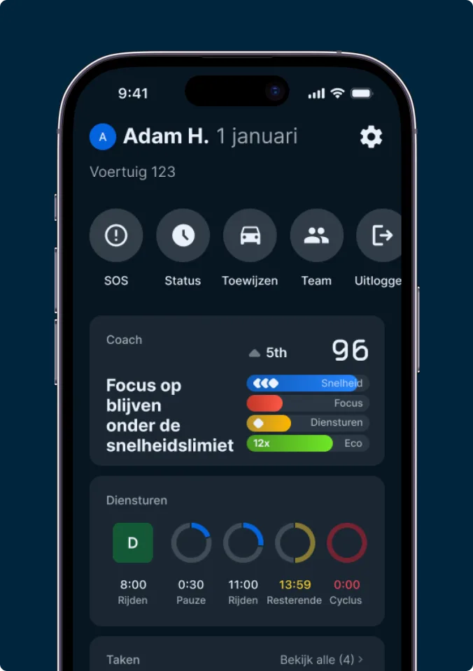 Smartphonescherm met voertuigmanagement-app met snelheidsbewaking, ritstatus en planningstimers voor voertuig 105.