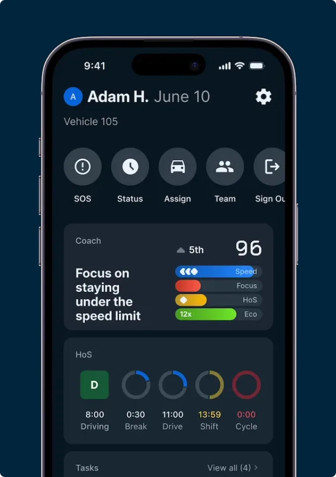 Smartphone screen showing vehicle management app with speed monitoring, driving status and schedule timers for Vehicle 105.
