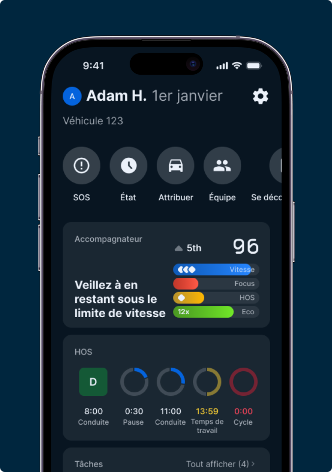 Application de gestion de véhicule sur un smartphone avec suivi de la vitesse, état de conduite et calendrier pour le 105).