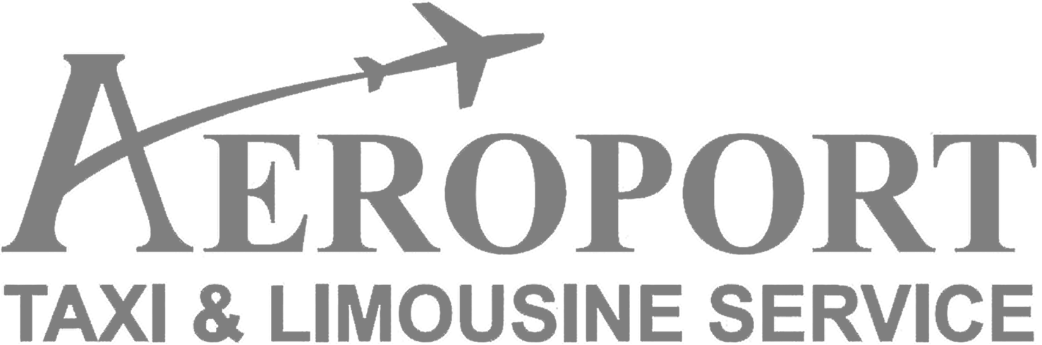 Gray logo for Aeroport Taxi &amp; Limousine Service featuring an airplane flying over the letter A.