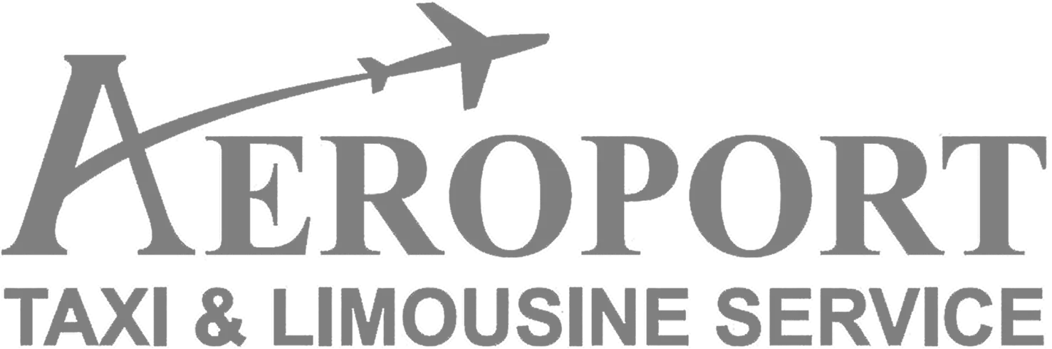 Gray logo for Aeroport Taxi & Limousine Service featuring an airplane flying over the letter A.