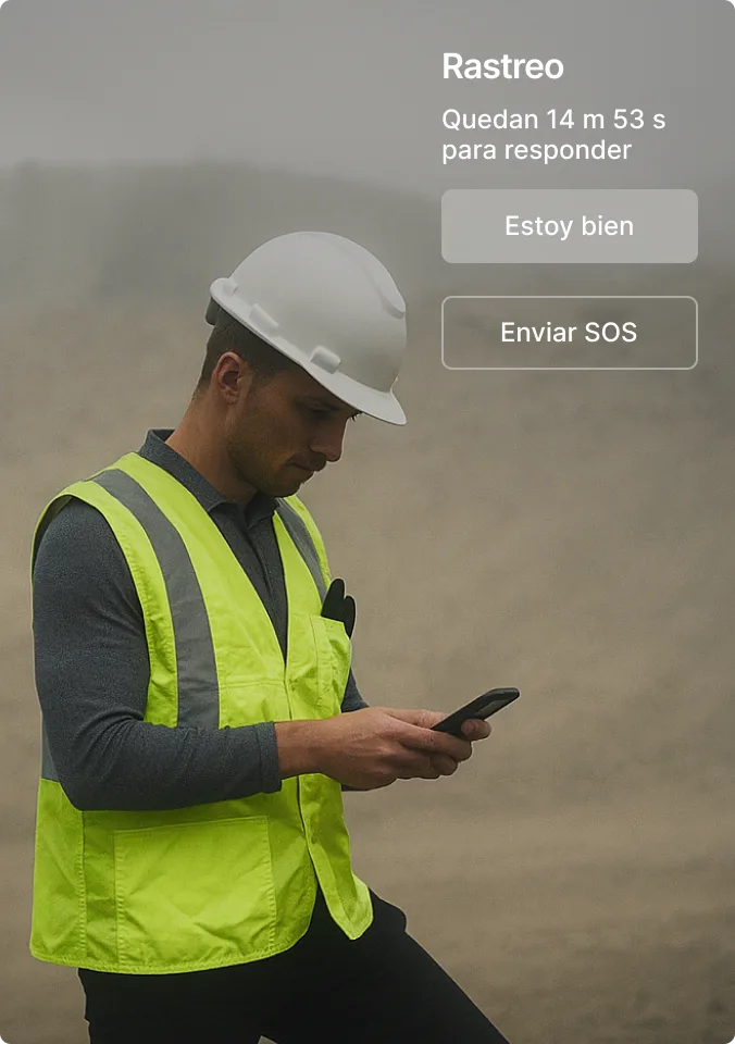 Trabajador de la construcción con chaleco de seguridad y casco revisando el teléfono con superposición notificación rastreo