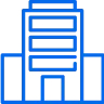 Simple blue line drawing of a building or office structure with multiple floors and an entrance.