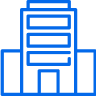 Simple blue line drawing of a building or office structure with multiple floors and an entrance.