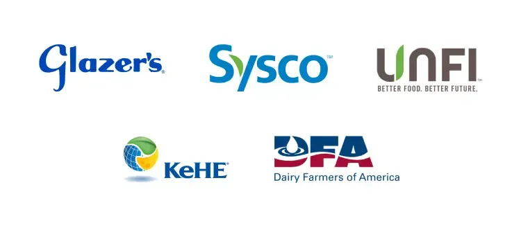 Logos of food industry companies including Glazer's, Sysco, UNFI, KeHE, and Dairy Farmers of America (DFA).