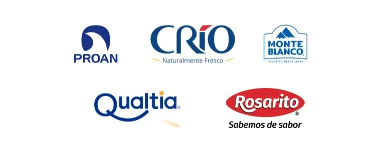 Logotipos de cinco marcas alimenticias: Proan, Crío, Monte Blanco, Rosarito y Qualtia alineados horizontalmente.