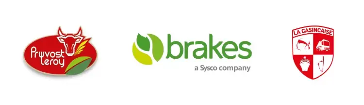 Logos d’entreprises de l’agroalimentaire, comme Glazer, Sysco, UNFI, KeHE et Dairy Farmers of America (DFA).