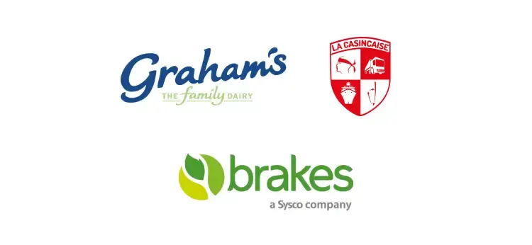 Logo's van bedrijven in de voedingsmiddelenindustrie, zoals Glazer's, Sysco, UNFI, KeHE en Dairy Farmers of America (DFA).
