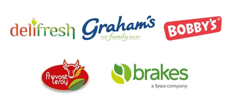 Logos of food industry companies, including Glazer's, Sysco, UNFI, KeHE and Dairy Farmers of America (DFA).