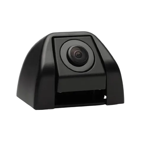 Petite caméra de recul noire compacte avec objectif grand angle, sur fond blanc.