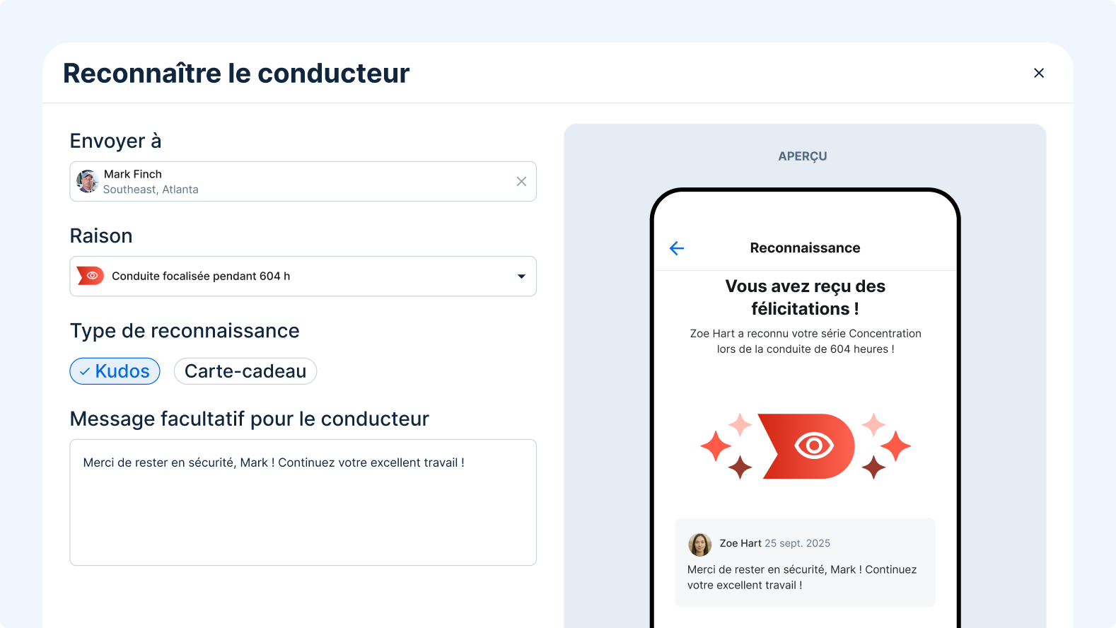 Interface de reconnaissance du conducteur affichant un formulaire de félicitations à M. McKinney pour son 10e anniversaire.