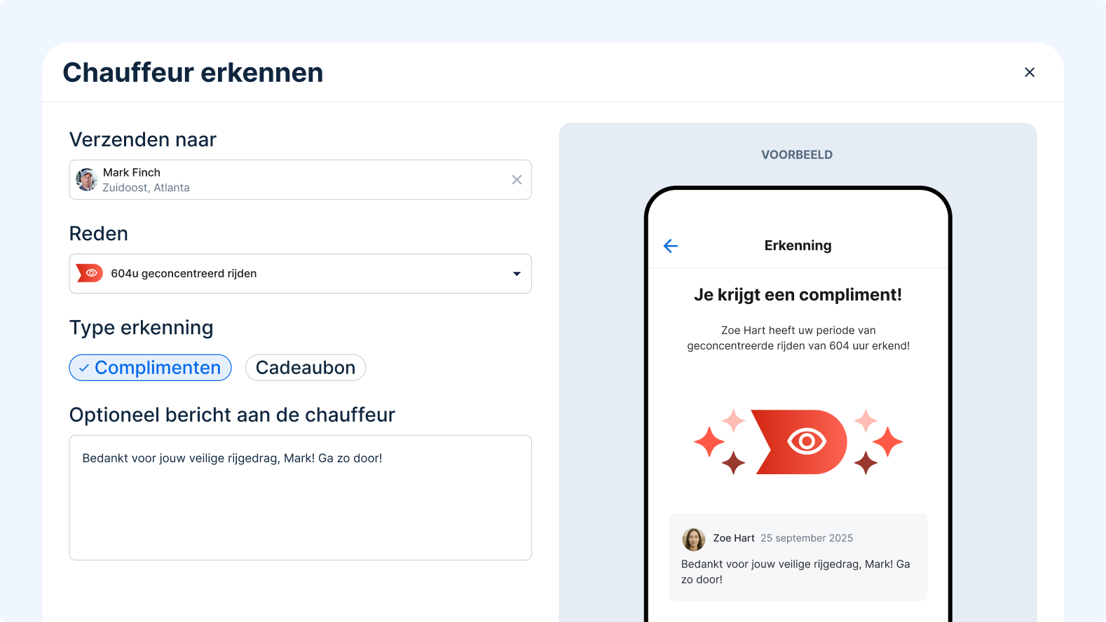 Interface voor chauffeurserkenning toont formulier om Marvin McKinney te feliciteren met 10-jarig jubileum.