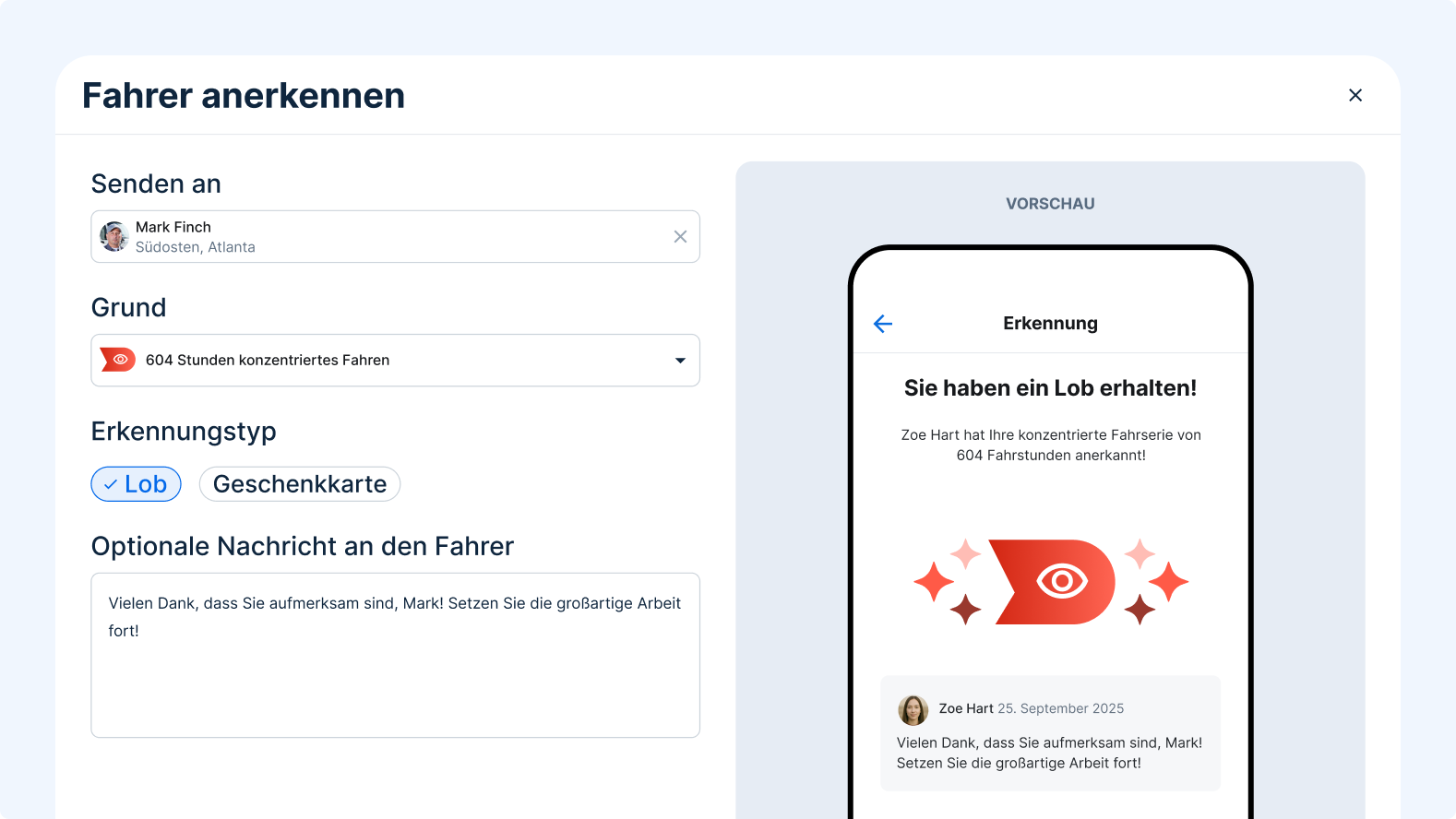 Die Fahrererkennung zeigt eine Vorschau, mit der Marvin McKinney zum 10-jährigen Jubiläum mobil beglückwünscht werden kann.
