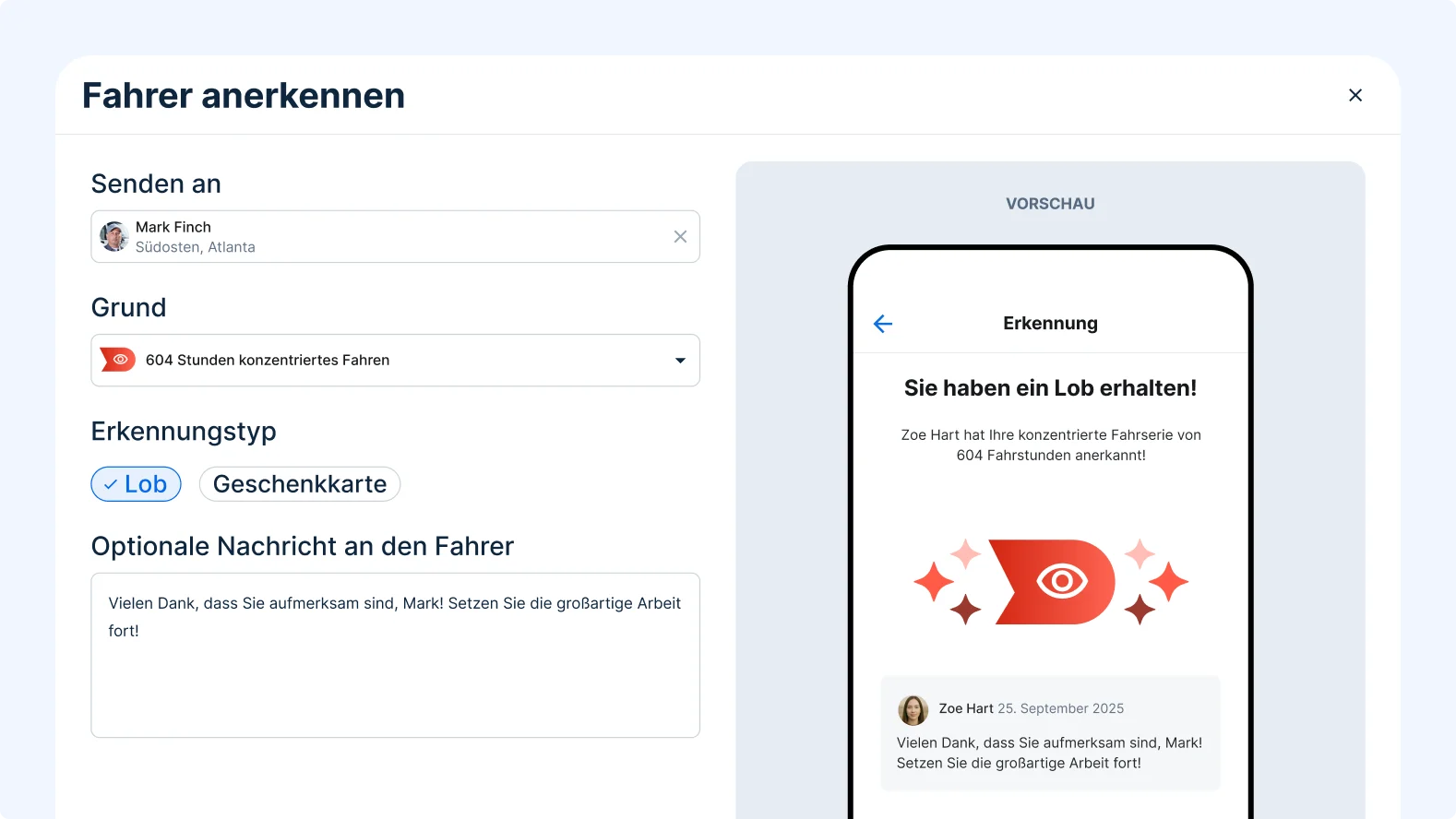 Die Fahrererkennung zeigt eine Vorschau, mit der Marvin McKinney zum 10-jährigen Jubiläum mobil beglückwünscht werden kann.