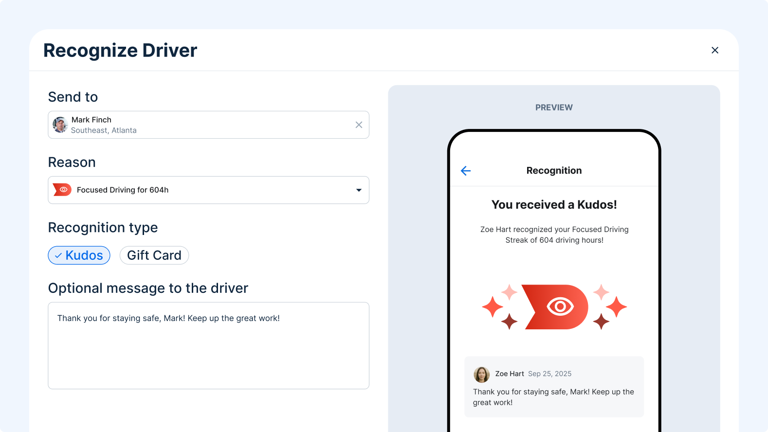 Driver recognition interface showing a form to send kudos to Marvin McKinney for his 10th anniversary with mobile preview.