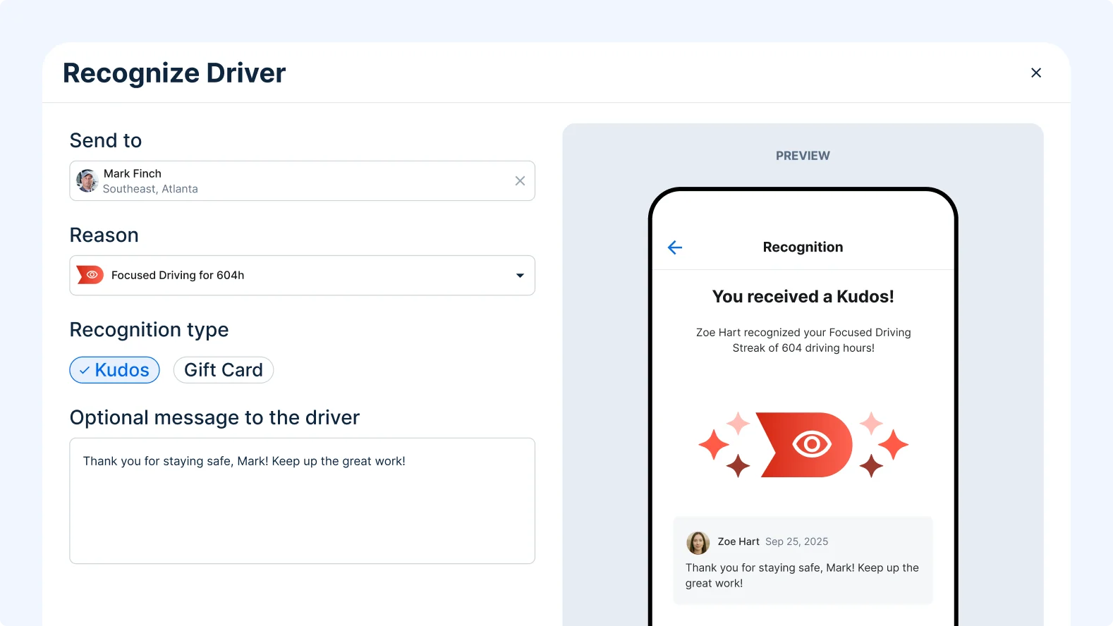 Driver recognition interface showing a form to send kudos to Marvin McKinney for his 10th anniversary with mobile preview.