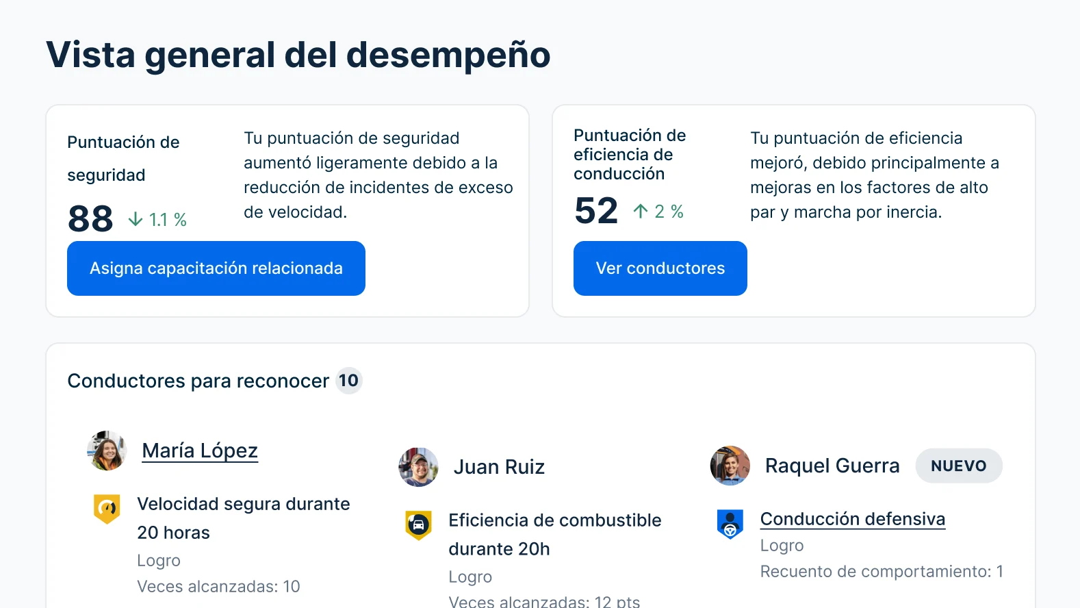 Tablero de comportamiento del conductor que muestra una puntuación de seguridad de 88, de eficiencia de 52, y reconocimiento