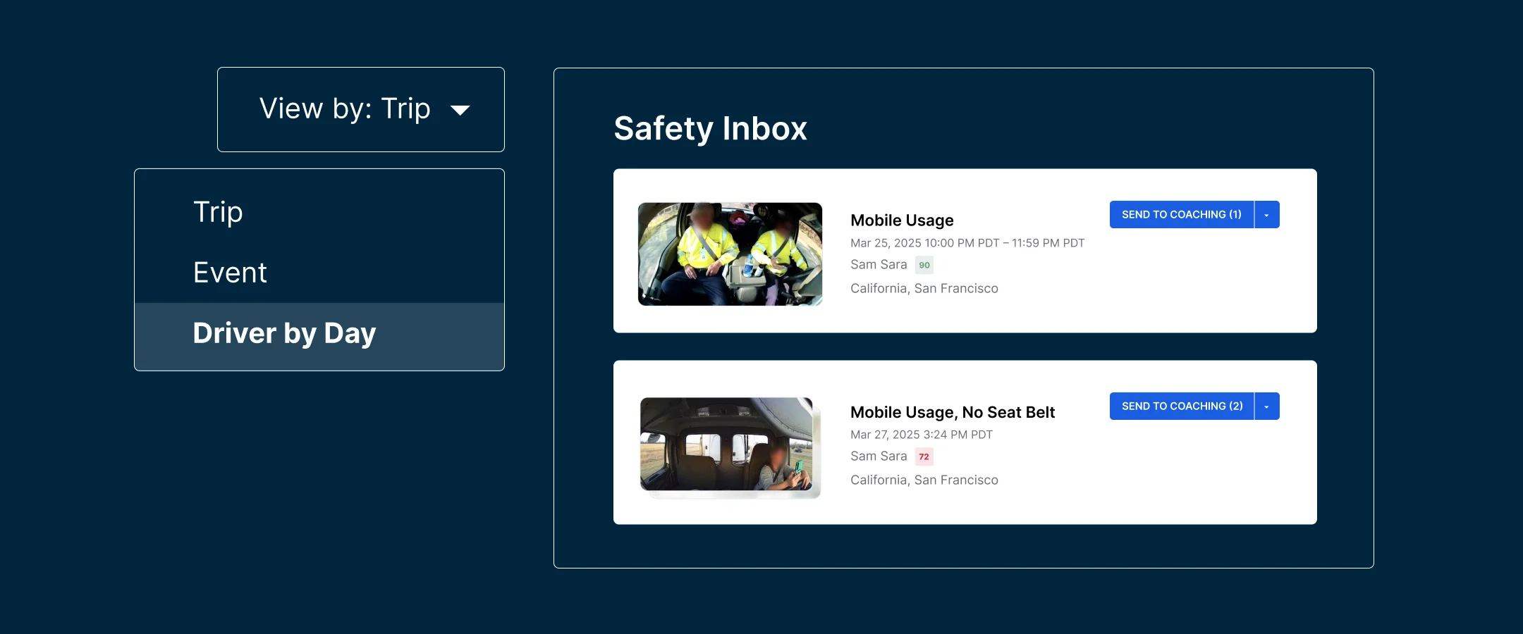 Safety Inbox image showing "Driver by Day" option.