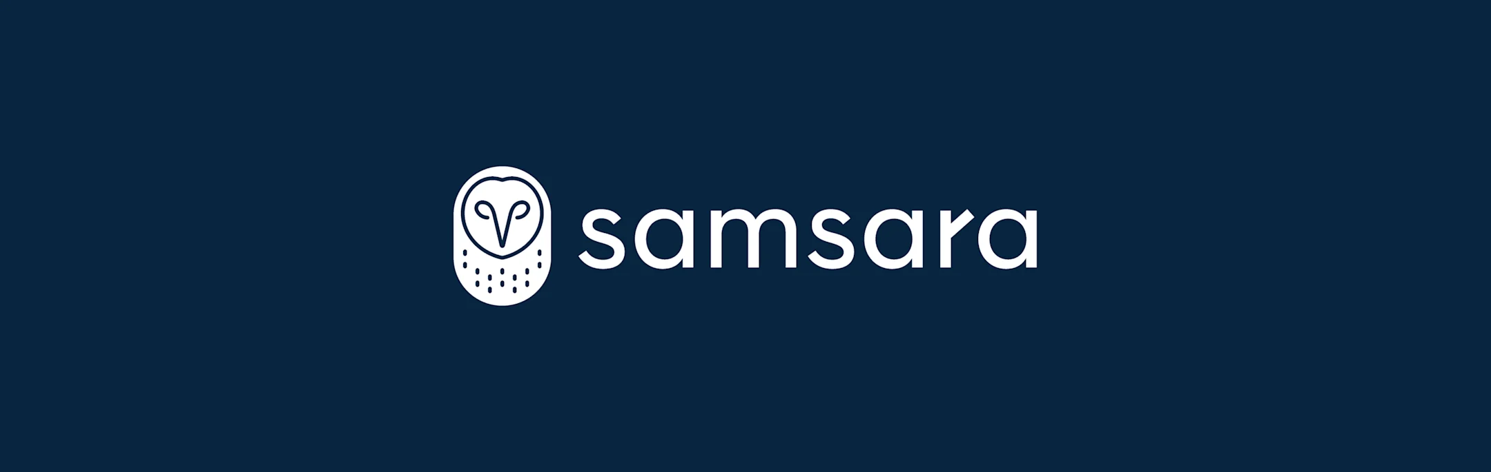 Logotipo de Samsara en blanco sobre fondo azul marino, con ícono de búho y texto "samsara".