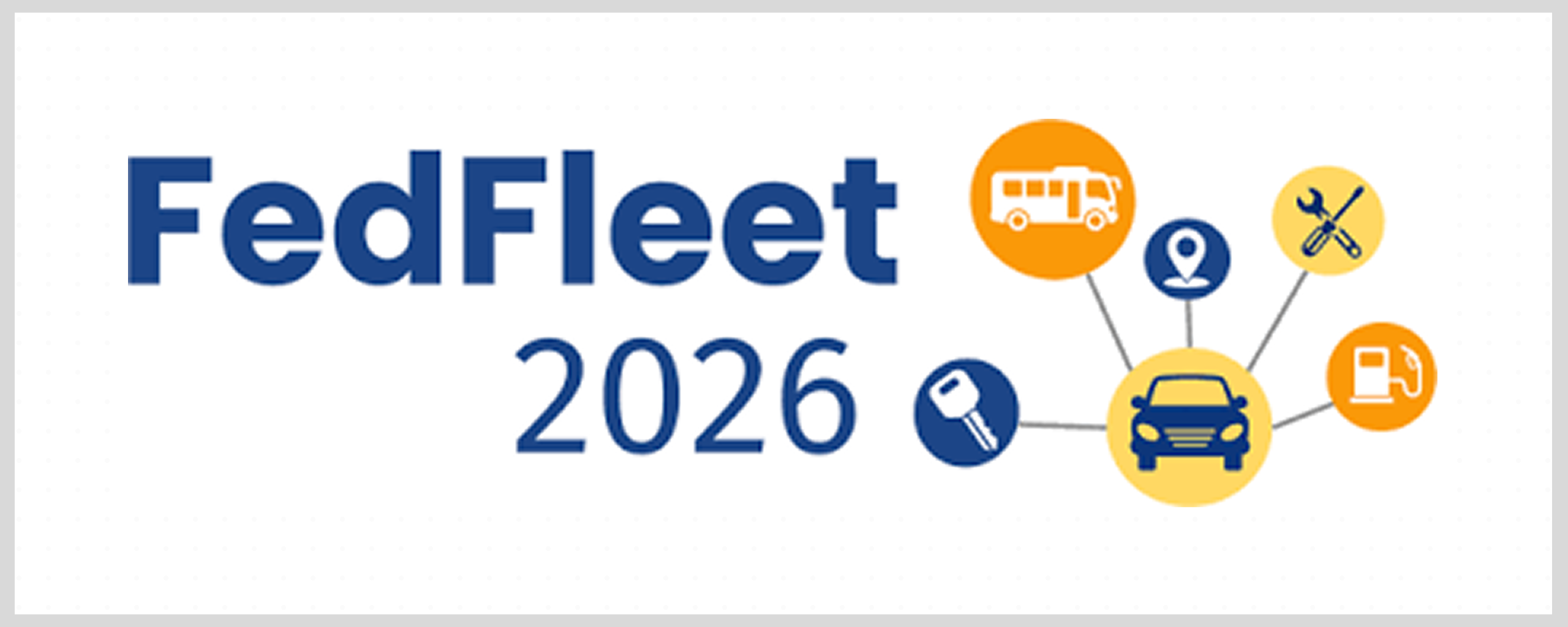 FedFleet 2026 logo with vehicle icon connected to symbols for bus, location, tools, and fuel pump in blue, yellow and orange.