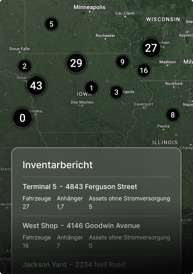 Karte mit nummerierten Markierungen für die Inventarorte in US-Bundesstaaten und einem detaillierten Inventarbericht.