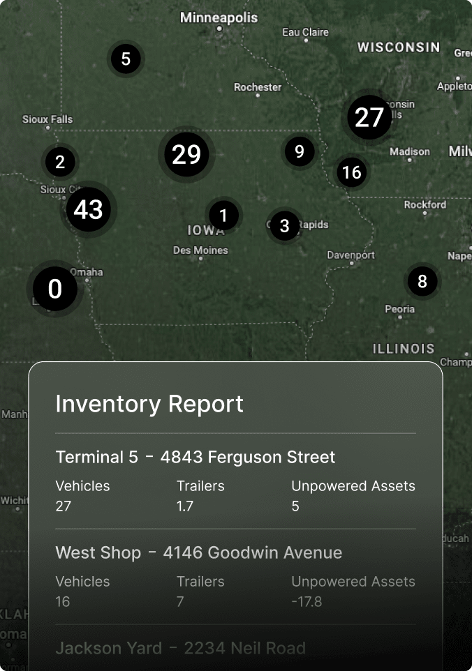Map showing inventory locations across Midwest states with numbered markers and a detailed inventory report panel.