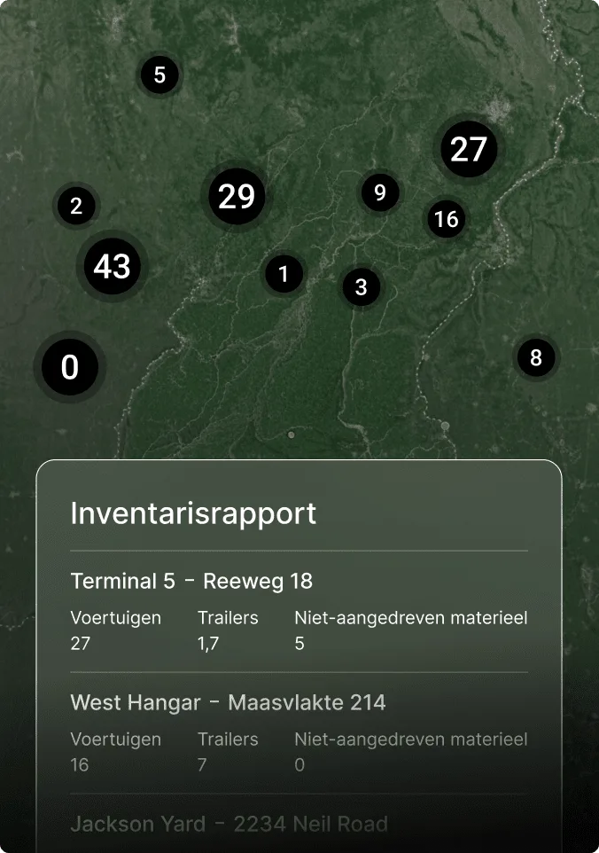 Kaart met inventarislocaties in de Midwest-staten met genummerde markeringen en een gedetailleerd inventarisrapportpaneel.
