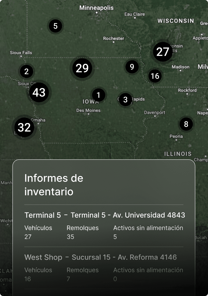 Mapa de ubicaciones de inventario en el Medio Oeste con marcadores numerados y un panel detallado de informe de inventario.