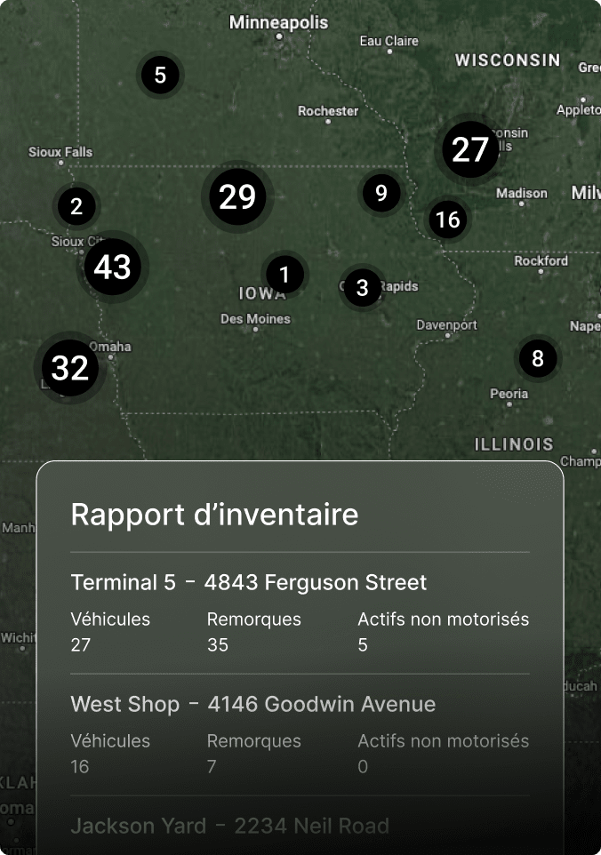 Carte montrant les lieux d'inventaire du Midwest avec des marqueurs numérotés et un panneau de rapport d'inventaire détaillé.