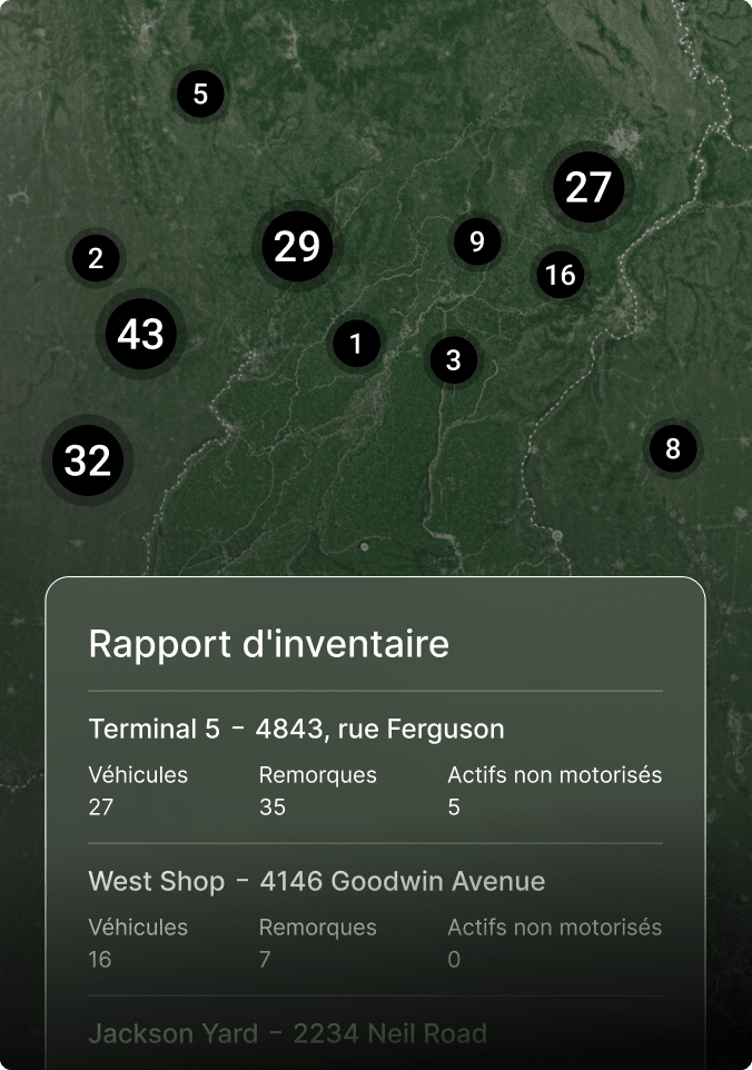 Carte montrant les lieux d'inventaire du Midwest avec des marqueurs numérotés et un panneau de rapport d'inventaire détaillé.
