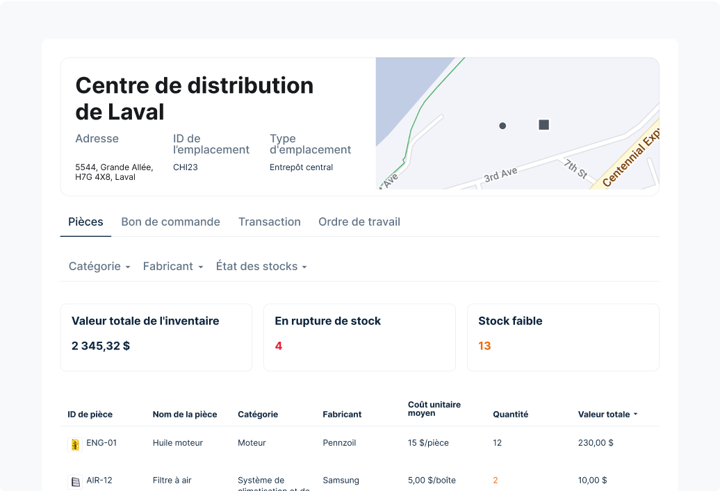 Tableau de bord de gestion des stocks du centre de distribution de Chicago affichant l'emplacement, l'état des stocks et le