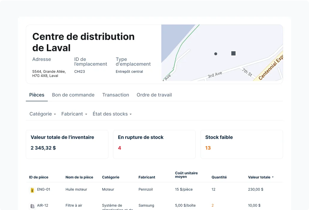 Tableau de bord de gestion des stocks du centre de distribution de Chicago affichant l'emplacement, l'état des stocks et le
