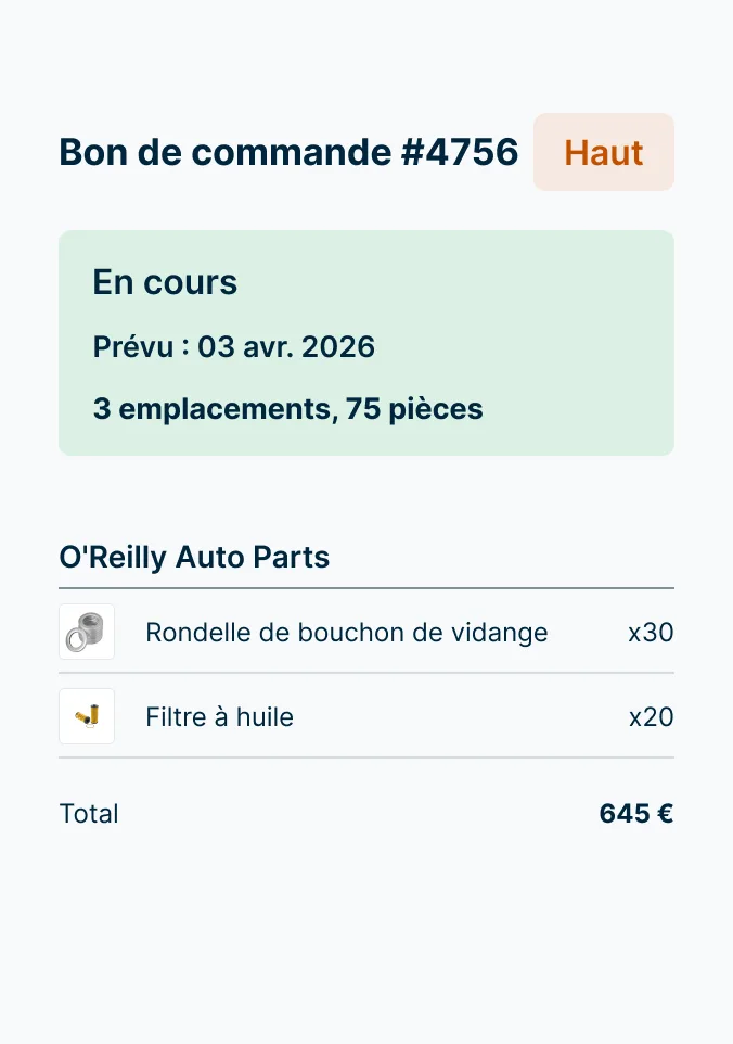 Bon montrant une commande de pièces chez O'Reilly (30 rondelles de bouchon de vidange + 20 filtres à huile = 645 $)