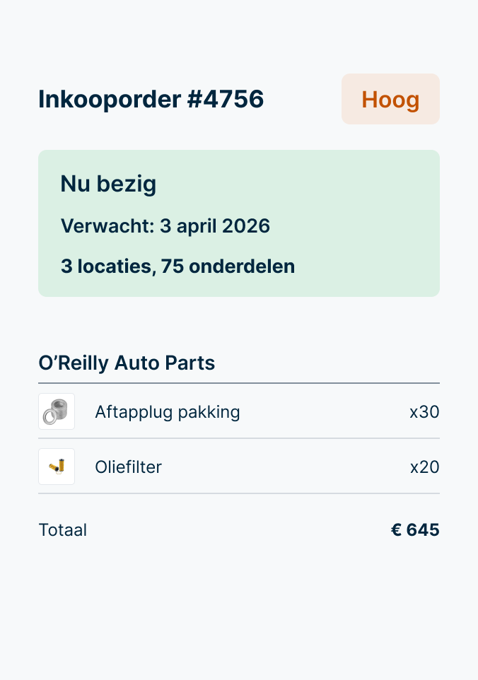 Inkooporder met een lopende bestelling van onderdelen bij O'Reilly voor 30 afdichtringen en 20 oliefilters, totaal: $ 645