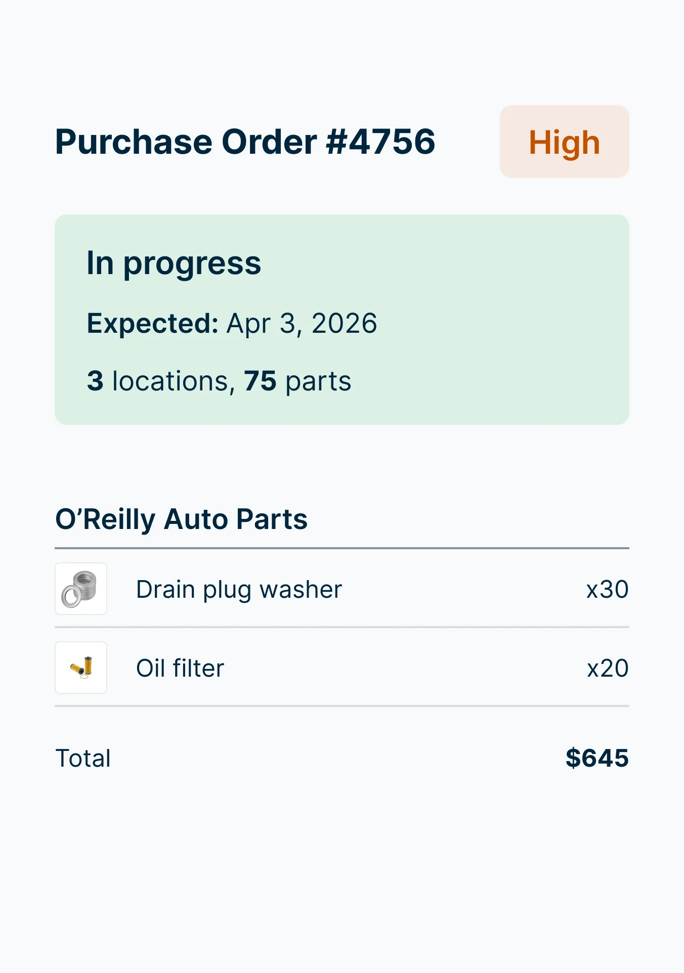 Purchase order showing in-progress auto parts order from O'Reilly for 30 drain plug washers and 20 oil filters, totaling $645