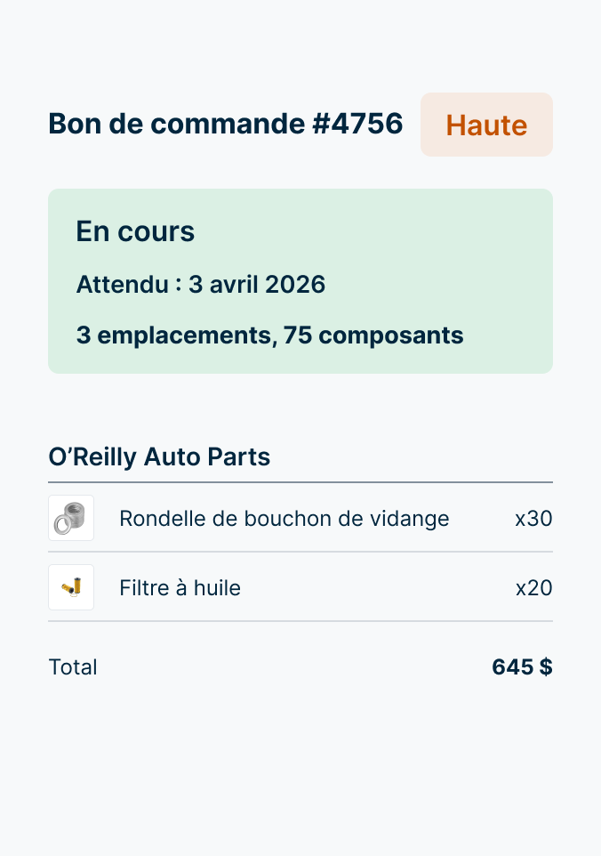 Bon de commande indiquant une commande en cours de pièces automobiles auprès d’O’Reilly pour 30 rondelles de bouchon
