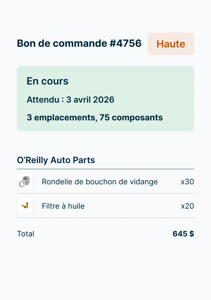 Bon de commande indiquant une commande en cours de pièces automobiles auprès d’O’Reilly pour 30 rondelles de bouchon