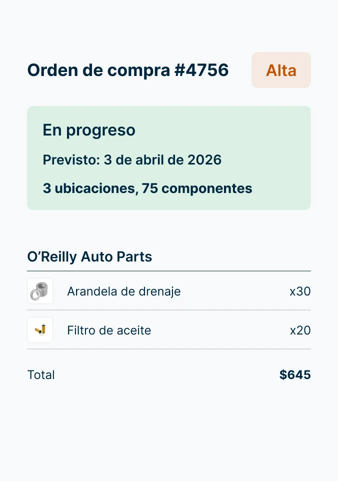 Orden de compra con orden de autopartes de O'Reilly para 30 arandelas de drenaje y 20 filtros de aceite, con un total de $645