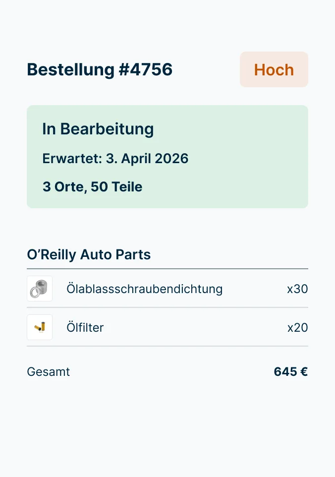 Bestellschein mit Autoteilebestellung bei O'Reilly für 30 Ölablassschraubendichtungen & 20 Ölfilter im Wert von 645 $