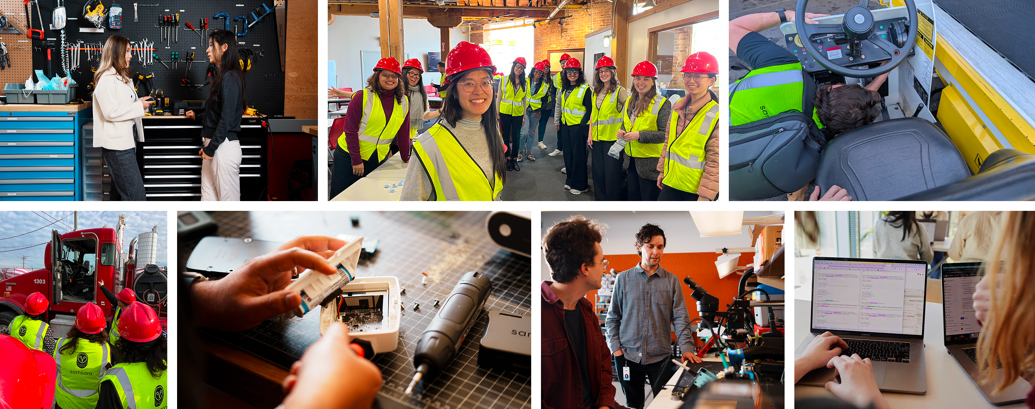 Collage showing construction training with people in safety gear, workshop scenes, and technical activities.