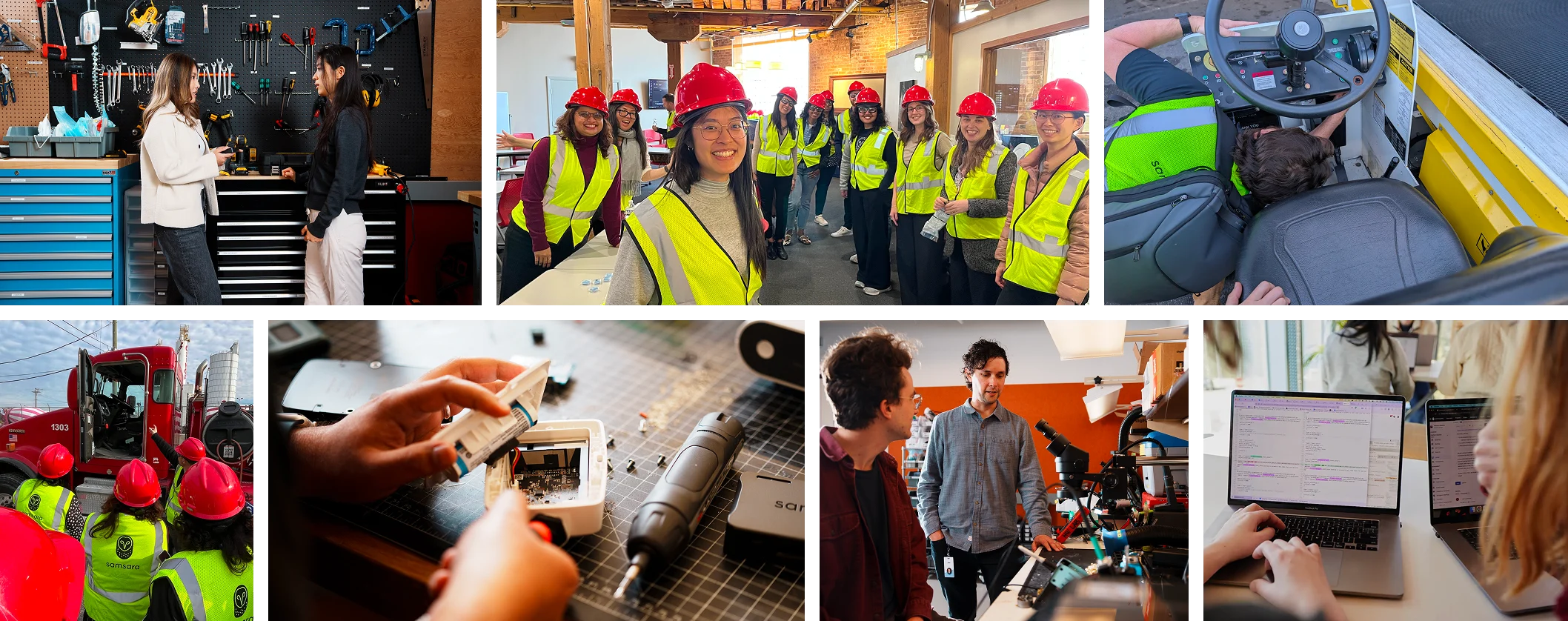 Collage showing construction training with people in safety gear, workshop scenes, and technical activities.