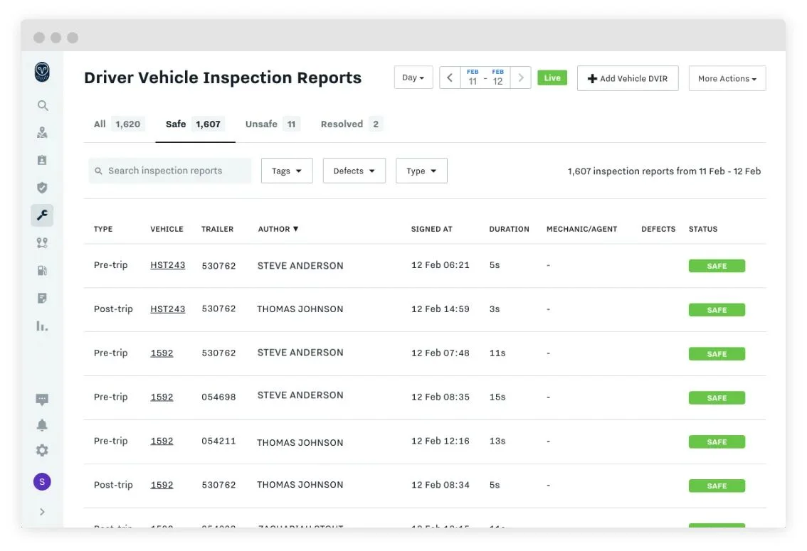 Driver Vehicle Inspection Reports dashboard showing a list of safe pre and post-trip inspections with driver names and dates.