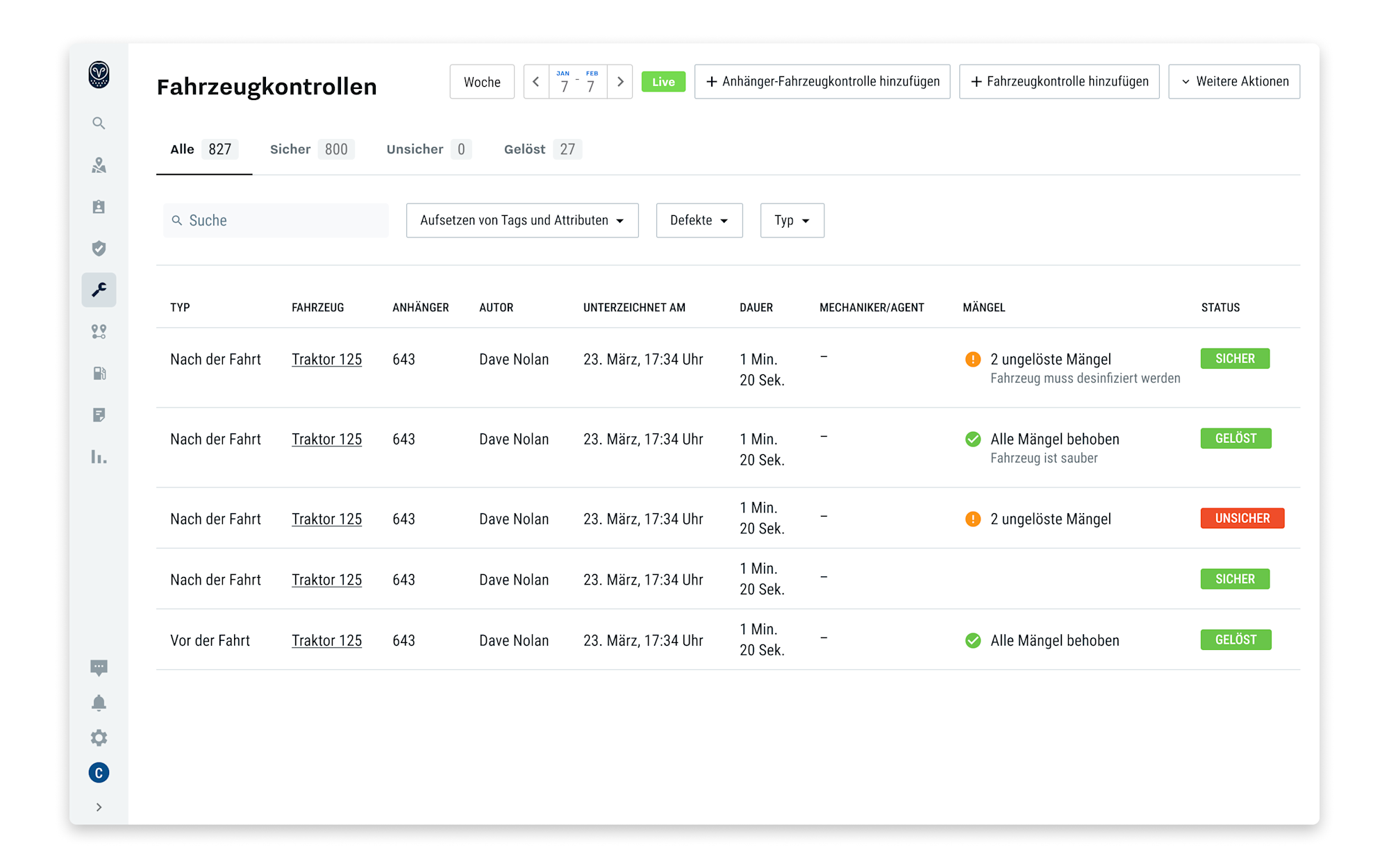 Fahrzeugprüfberichte-Dashboard mit Liste sicherer Inspektionen, Fahrzeugdaten und grünen Safe-Status-Badges.