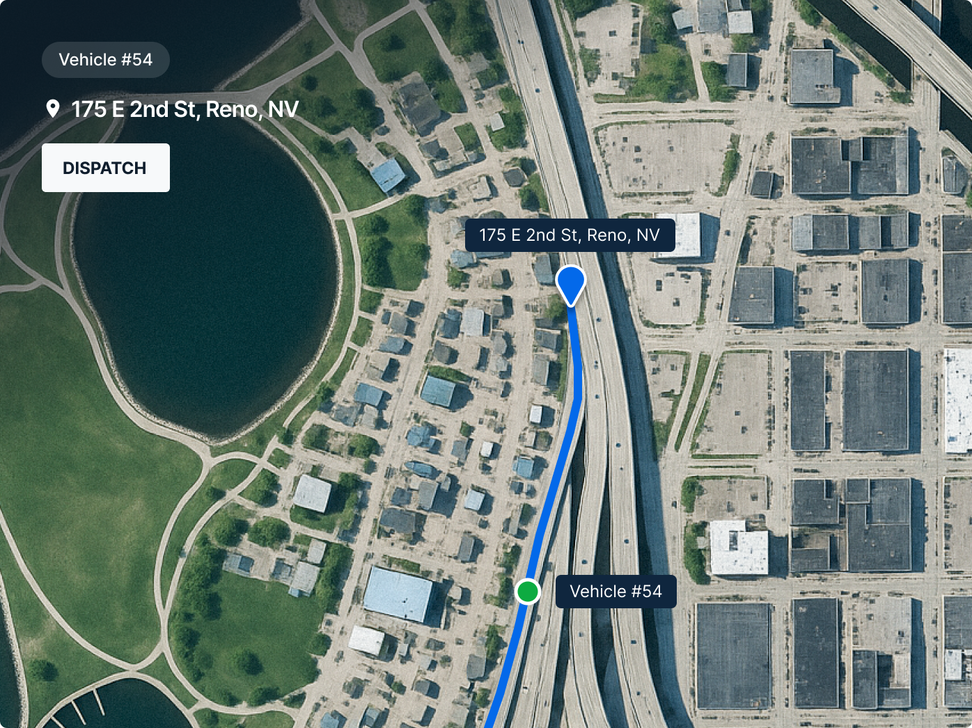 Aerial map showing Vehicle #54 location at 175 E 2nd St, Reno, NV with dispatch button and route marked in blue.